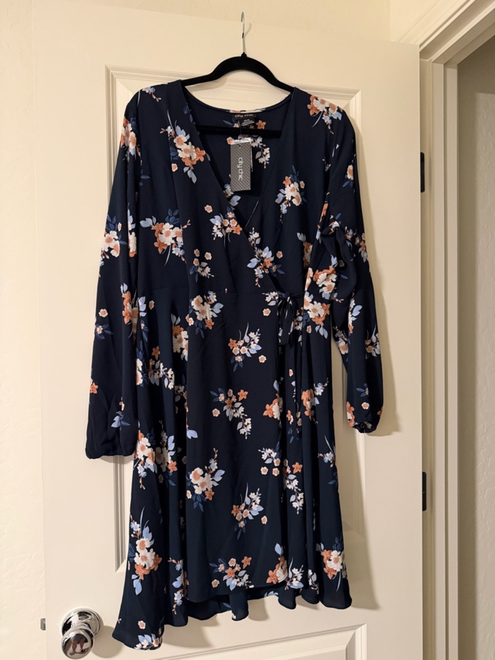 City Chic Navy Floral Long Sleeve Wrap Dress with Blush & Light Blue Blooms